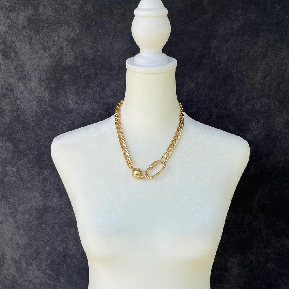 Chicos Gold Tone Chunky Curb Chain Carabiner Pave Rhinestone Necklace Womens